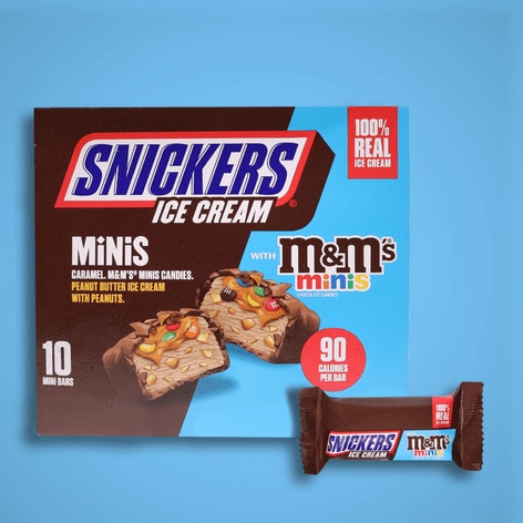 SNICKERS Ice Cream Minis, Caramel Peanut Butter Ice Cream Bars with M&M'S MINIS Milk Chocolate Candy and Peanuts, 10 Pack