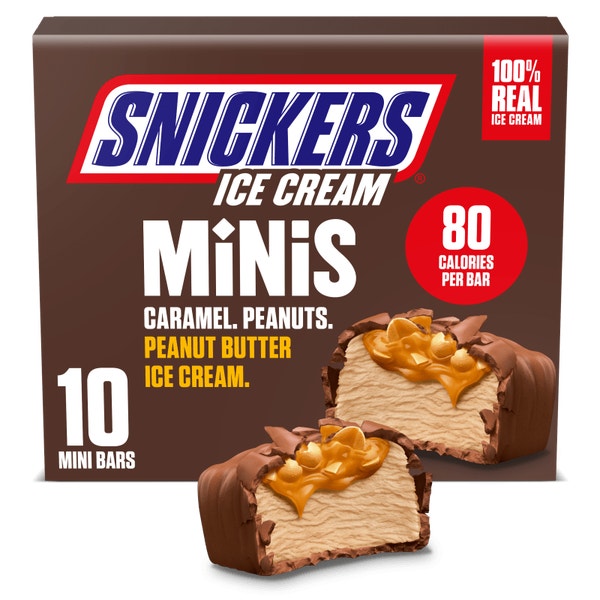 SNICKERS Ice Cream Minis, Milk Chocolatey Caramel Peanut Butter Ice Cream Bars, 10 Pack, 9.5 Oz