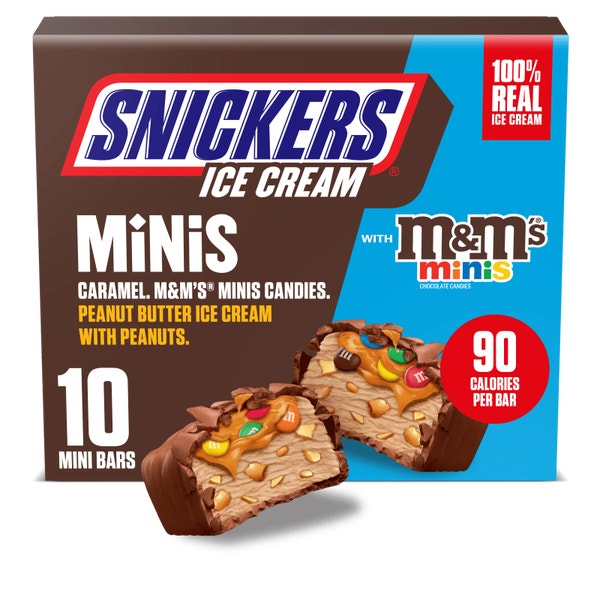 SNICKERS Ice Cream Minis, Caramel Peanut Butter Ice Cream Bars with M&M'S MINIS Milk Chocolate Candy and Peanuts, 10 Pack