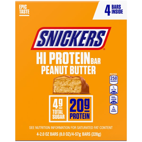 SNICKERS Hi Protein Peanut Butter Bars, 8 oz (4-Count Box)