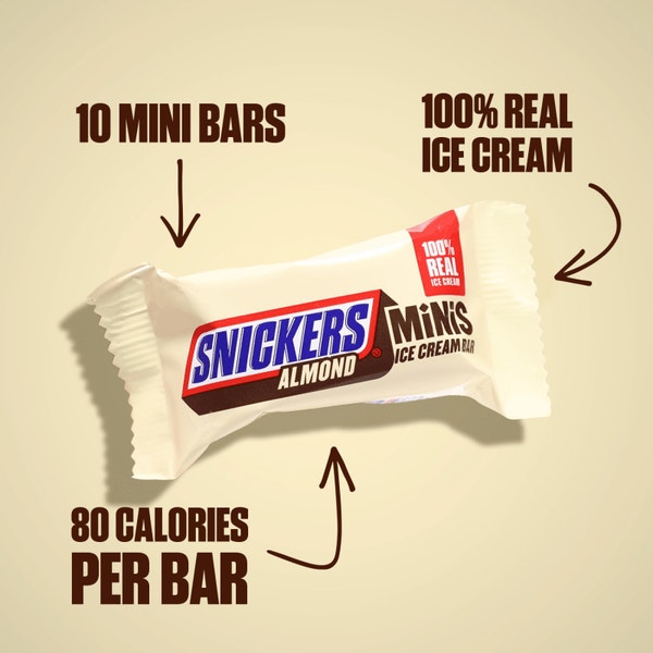 SNICKERS Ice Cream Minis, Milk Chocolatey, Caramel, Almond and Vanilla Ice Cream Bars, 10 Pack, 9.5 Oz