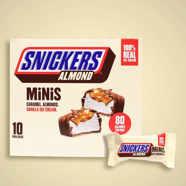SNICKERS Ice Cream Minis, Milk Chocolatey, Caramel, Almond and Vanilla Ice Cream Bars, 10 Pack, 9.5 Oz
