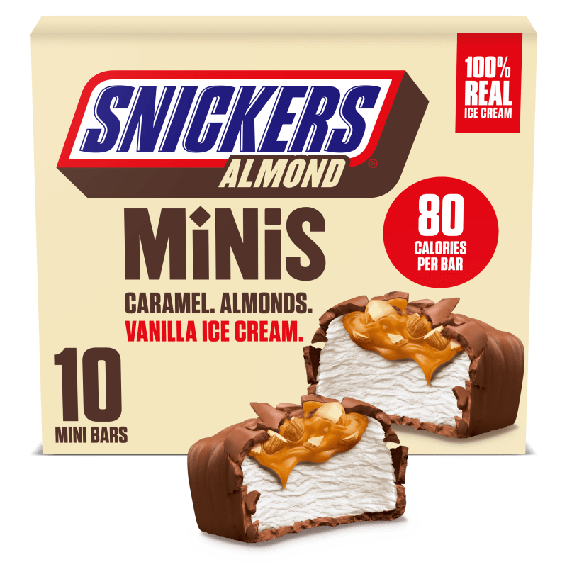 SNICKERS Ice Cream Minis, Milk Chocolatey, Caramel, Almond and Vanilla Ice Cream Bars, 10 Pack, 9.5 Oz