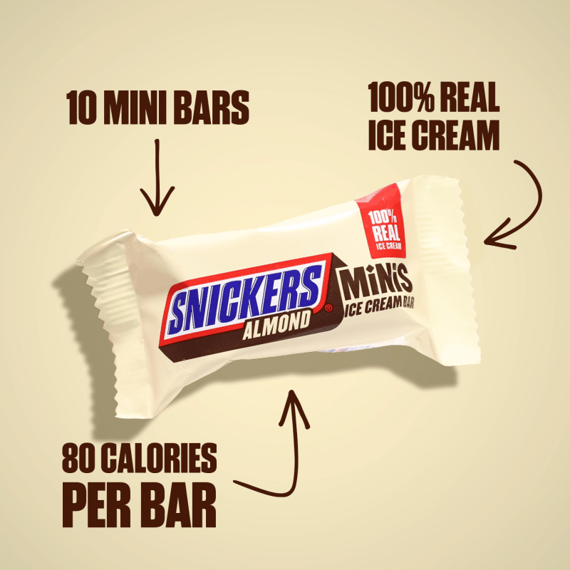 SNICKERS Ice Cream Minis, Milk Chocolatey, Caramel, Almond and Vanilla Ice Cream Bars, 10 Pack, 9.5 Oz